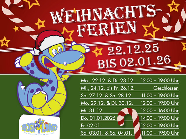 Weihnachtsferien im Saarland sind von Mo. 22.12.25 bis Fr. 2.1.26. Unsere Öffnungszeiten: Mo. 22.12. 12:00-19:00 Uhr; Di. 23.12. 12:00-19:00 Uhr; Mi. 24. – Fr. 26.12. geschlossen; Sa. 27.12. 11:00-19:00 Uhr; So. 28.12. 11:00-19:00 Uhr; Mo. 29.12. 12:00-19:00 Uhr; Di. 30.12. 12:00-19:00 Uhr; Mi. 21.12. 12:00-16:00 Uhr; Do. 1.1. 14:00-19:00 Uhr; Fr. 2.1. 12:00-19:00 Uhr; Sa. 3.1 11:00-19:00 Uhr; So. 4.1. 11:00-19:00 Uhr